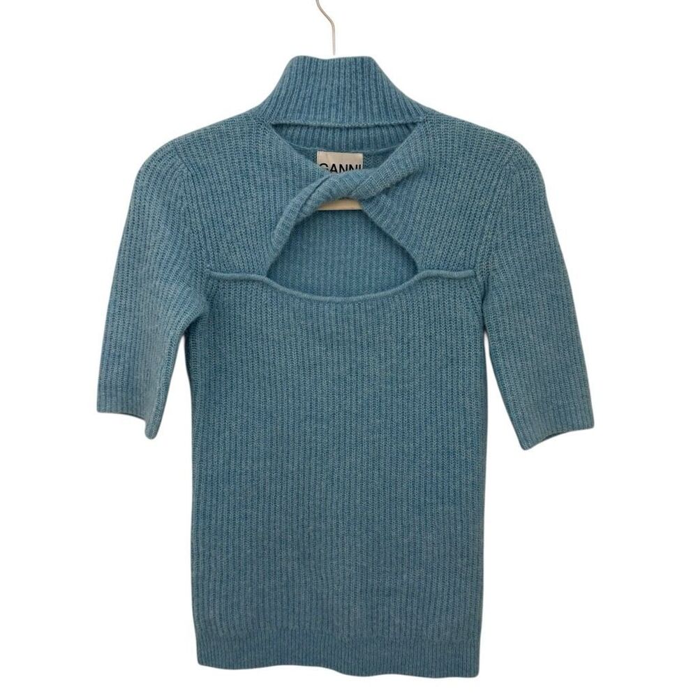 GANNI Cutout Twist Front Ribbed Sweater Size XS Bachelor Blue Alpaca Blend
